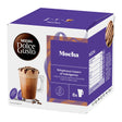 A box of Nescafe Dolce Gusto Mocha coffee capsules, featuring a purple and white packaging design with an illustration of a chocolate-draped coffee cup.