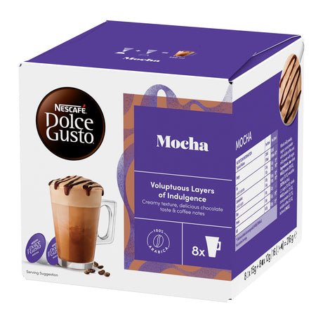 A box of Nescafe Dolce Gusto Mocha coffee capsules, featuring a purple and white packaging design with an illustration of a chocolate-draped coffee cup.