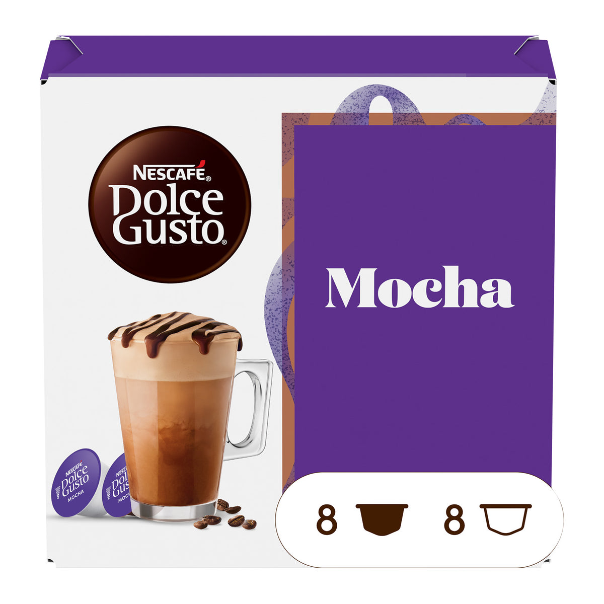 Nescafe Dolce Gusto Mocha coffee capsule packaging on a white background