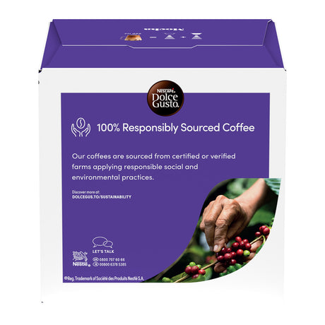 Nespresso Dolce Gusto coffee box packaging, featuring a white and purple design with a circular logo and a photo of a hand harvesting coffee beans.