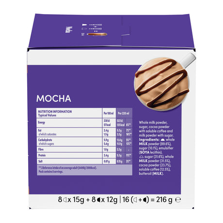 A box of Mocha flavored milk powder, 8x15g and 8x12g, with a purple and white design. The front of the box features a photo of a chocolate-dipped cookie, nutritional information, and product details in English.