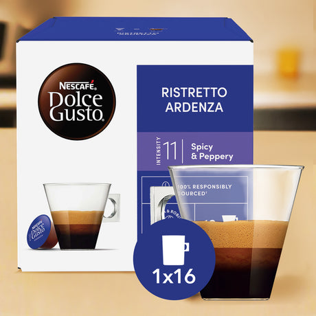 Nescafe Dolce Gusto coffee pod box with a glass of coffee on a blurred kitchen background