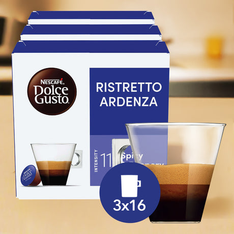 Dolce Gusto Ristretto Ardenza coffee capsule packaging with a glass of coffee.