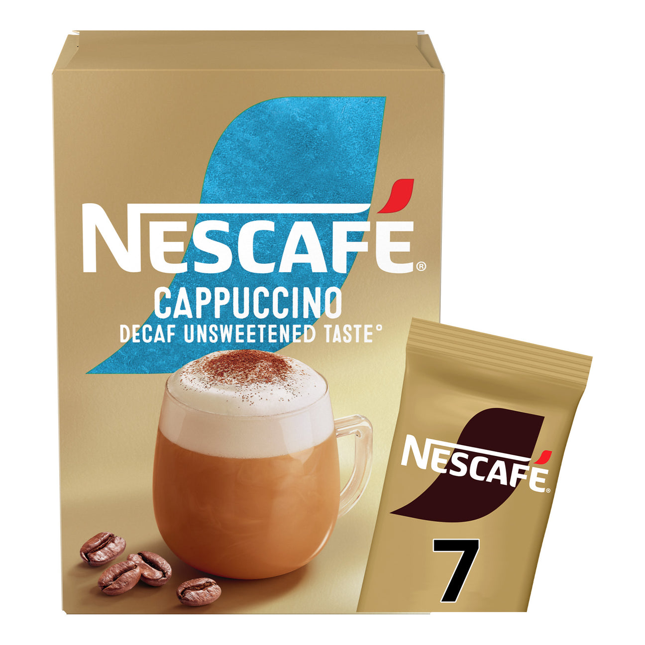 Nescafe Cappuccino packaging with a cup of cappuccino and coffee beans on a beige background