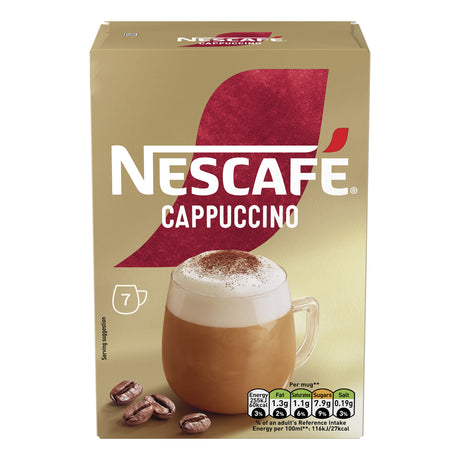 Nescafe Cappuccino packaging with a cup of cappuccino and coffee beans on a beige background