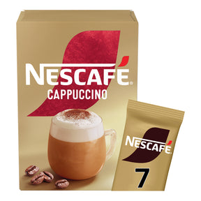 Nescafe Cappuccino packaging with a cup of cappuccino and coffee beans on a beige background.