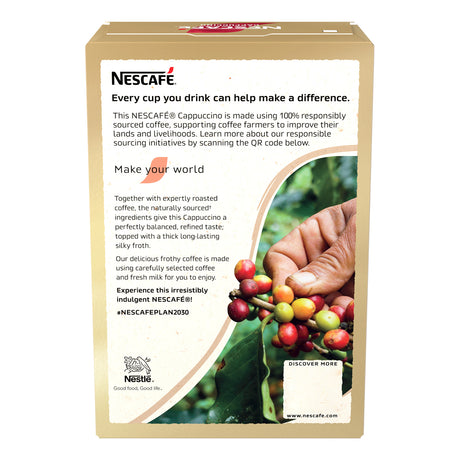 Nescafe coffee packaging with a hand holding coffee beans and text about responsible sourcing.