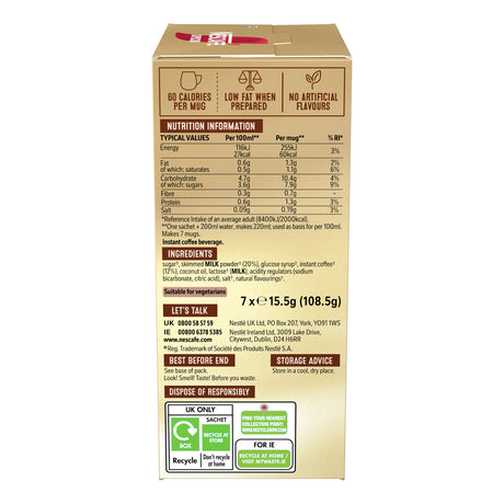 Box of instant coffee with nutritional information and ingredients listed on a white background