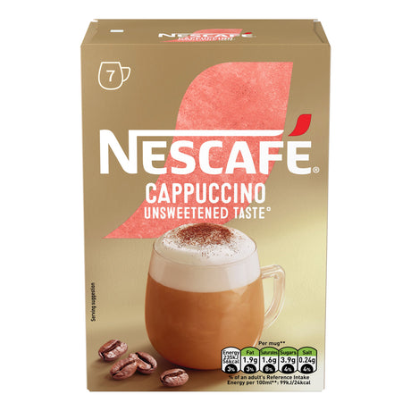 Nescafe Cappuccino box with a cup of cappuccino and coffee beans on a beige background