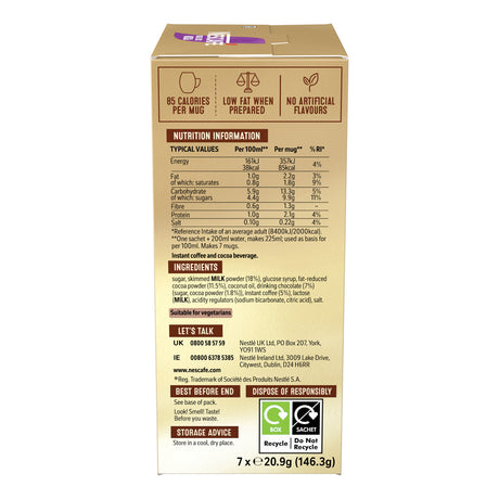 Nescafe Gold Blend instant coffee packaging with nutritional information and ingredients list.