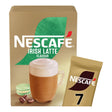 Nescafe Irish Latte coffee packaging with a cup and macaron on a beige background