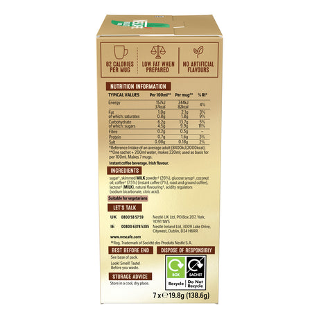 Nescafe instant coffee packaging with nutritional information and ingredients list on a white background