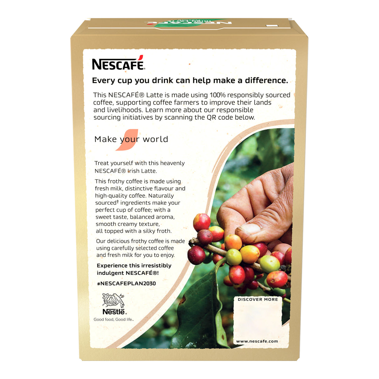 Nescafe coffee package with a hand holding coffee beans and text about responsible sourcing.