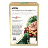 Nescafe coffee package with a hand holding coffee beans and text about responsible sourcing.