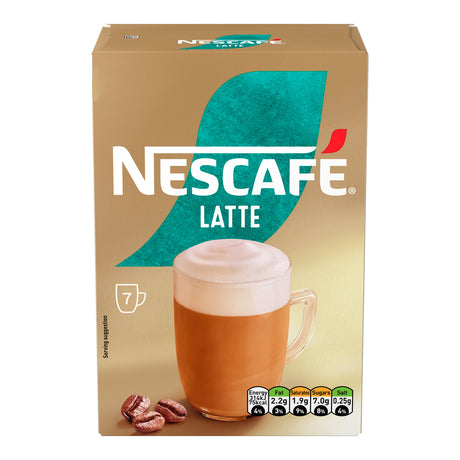 Nescafe Latte packaging with a cup of latte and coffee beans on a beige background