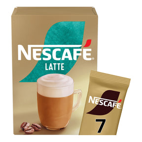 Nescafe Latte packaging with a cup of coffee and coffee beans on a beige background
