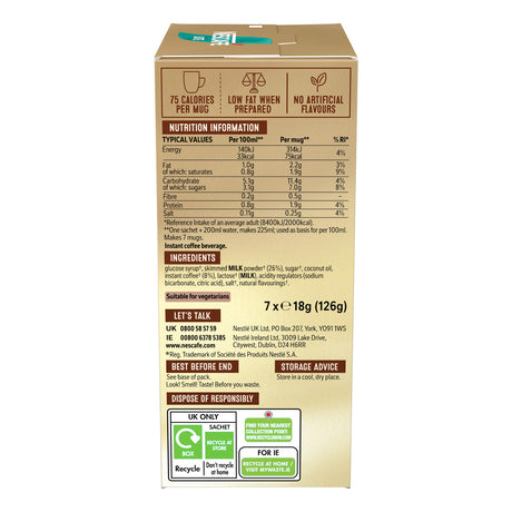 Box of Nescafe Gold Blend instant coffee with nutritional information and ingredients listed.