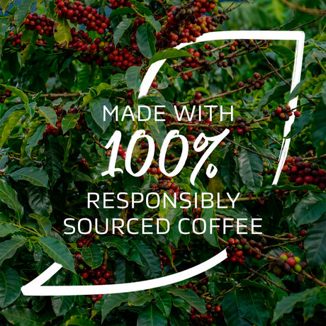 Coffee beans on a tree with text 'Made with 100% responsibly sourced coffee'.