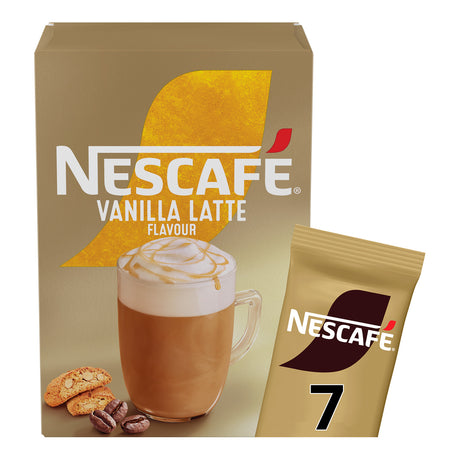 Nescafe Vanilla Latte flavor packaging with a cup of coffee, cookies, and beans on a beige background.