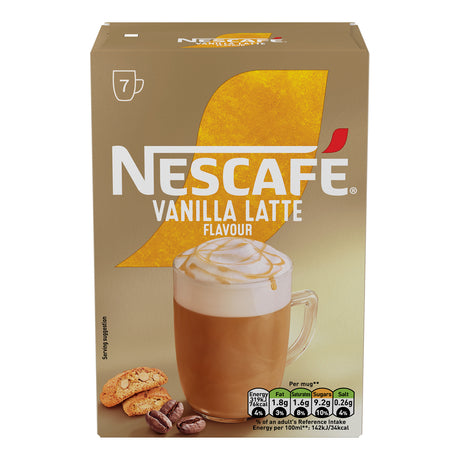 Nescafe Vanilla Latte flavor coffee packaging on a white background