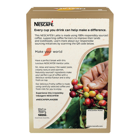 Nescafe coffee packaging with coffee beans and a hand holding coffee cherries on a white background
