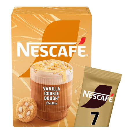 Nescafe Vanilla Cookie Dough Latte packaging with a single pack on a white background