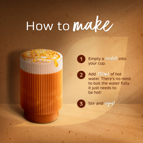 Instructions on how to make a drink with a cup and text on a brown background