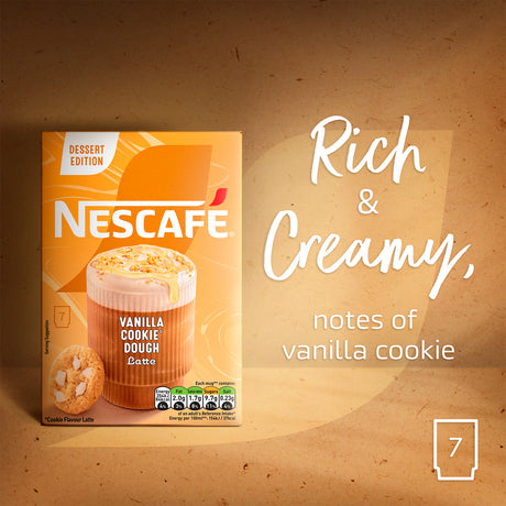 Nescafe Vanilla Cookie Dough Latte packaging on a warm brown background