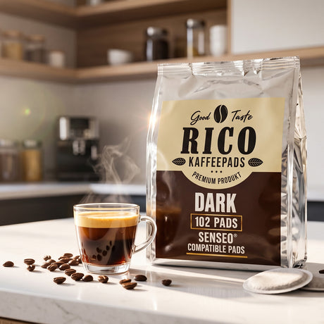 A bag of Rico Kaffepads Dark coffee filters stands on a kitchen counter next to a steaming glass cup of espresso, with scattered coffee beans and a spoon in a warm, blurred kitchen setting.