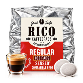 A package of Good Taste RICO Kaffepads Regular Compatible Pads, shown with a glass of espresso and two coffee pods in front of a white background.