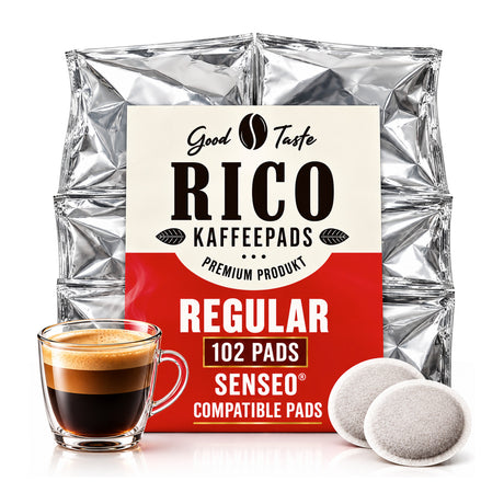 A package of Good Taste RICO Kaffepads Regular Compatible Pads, shown with a glass of espresso and two coffee pods in front of a white background.