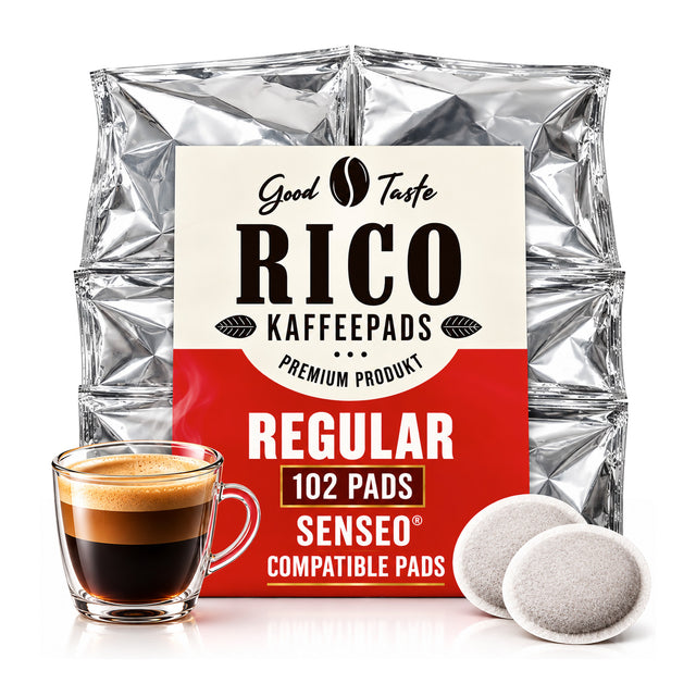 A package of Good Taste RICO Kaffepads Regular Compatible Pads, shown with a glass of espresso and two coffee pods in front of a white background.