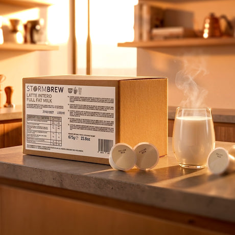 Storm Brew coffee packaging with a glass of steaming coffee on a kitchen counter.