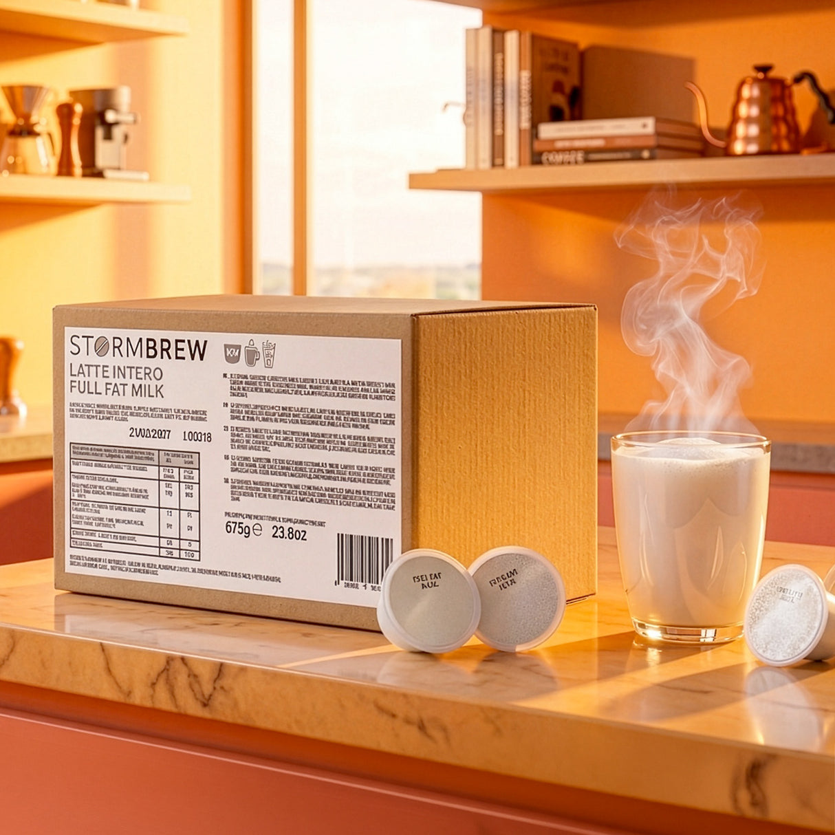 Stormbrew latte intero full fat milk packaging with a glass of milk and containers on a wooden surface.