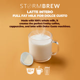 Mug of frothy milk with Storm Brew packaging on a brown background