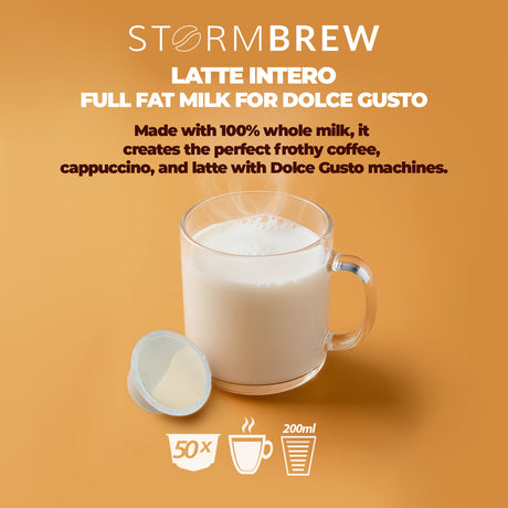Mug of frothy milk with Storm Brew packaging on a brown background