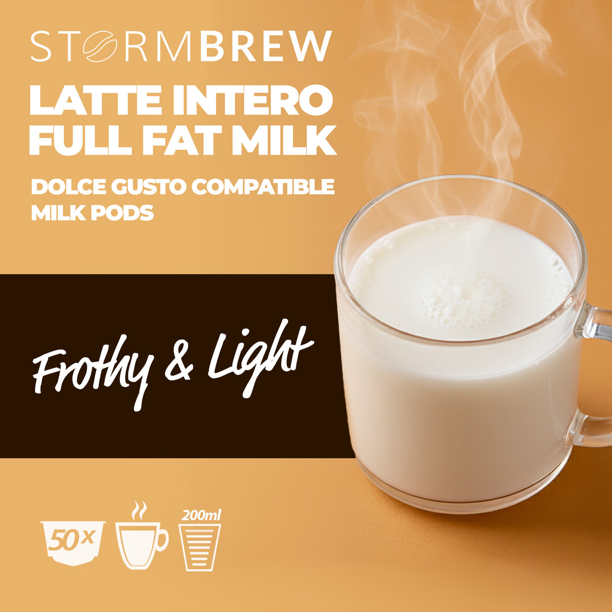 Storm Brew Latte Intero Full Fat Milk packaging with a steaming glass of milk on an orange background.