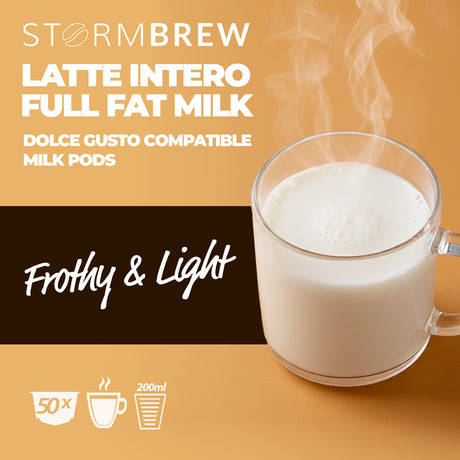 Storm Brew Latte Intero Full Fat Milk packaging with a steaming glass of milk on an orange background.