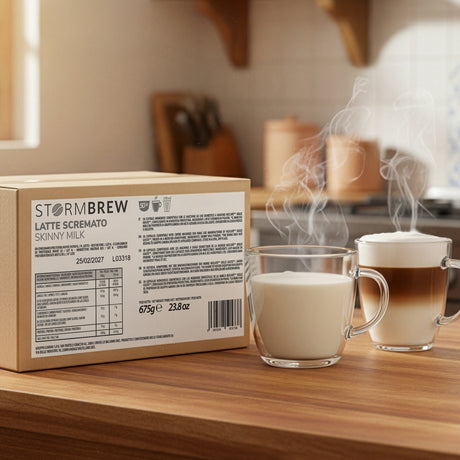 Storm Brew coffee packaging with two steaming cups on a wooden surface