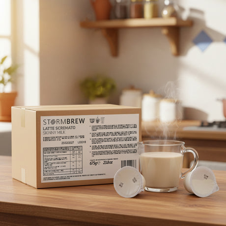 Stormbrew coffee packaging with a glass of coffee on a wooden table