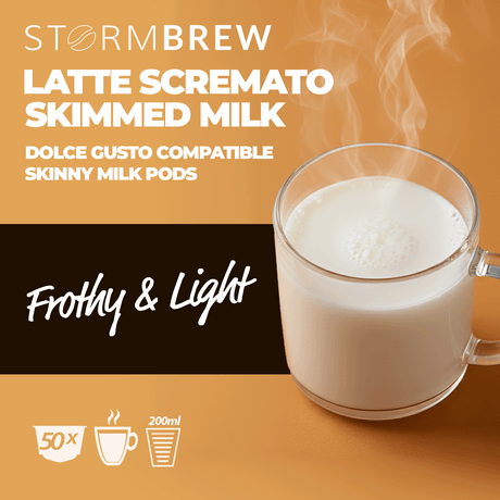 Advertisement for Storm Brew Latte Scremato Skimmed Milk with a glass of milk and text on an orange background.