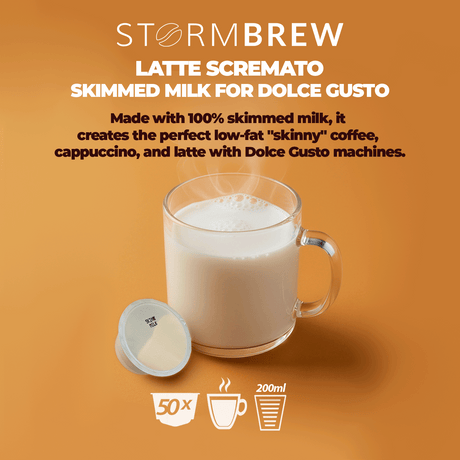 Storm Brew latte scremato with a glass of milk and packaging on an orange background