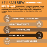 Instructions for making different coffee drinks using Storm Brew Skimmed Milk on an orange background.