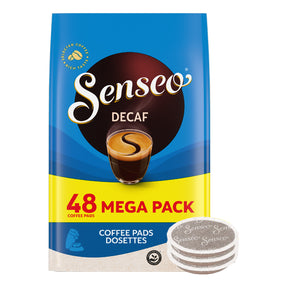 Senseo Decaf coffee pads packaging with a stack of pads on a white background