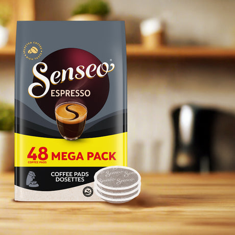 Senseo Espresso coffee pads package on a kitchen counter