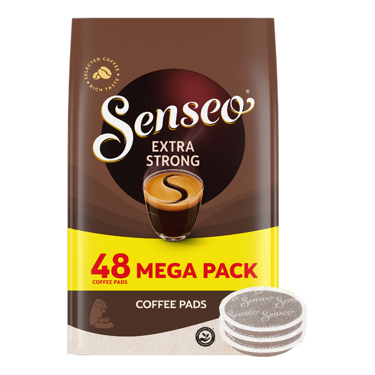 Senseo Extra Strong coffee pads packaging with 48 mega pack indication.