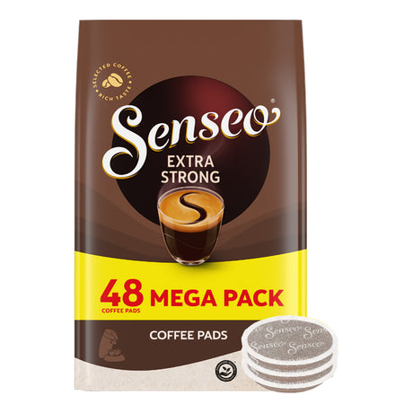 Senseo Extra Strong coffee pads packaging with 48 mega pack indication.