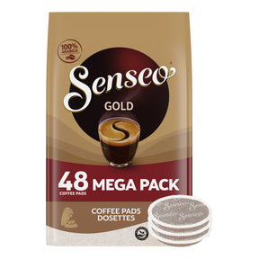 Senseo Gold coffee pads packaging with a stack of pads on a white background