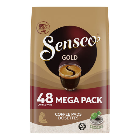 Senseo Gold coffee pads packaging with a cup of coffee on a beige background
