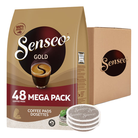 Senseo Gold coffee pads packaging with a stack of pads on a white background